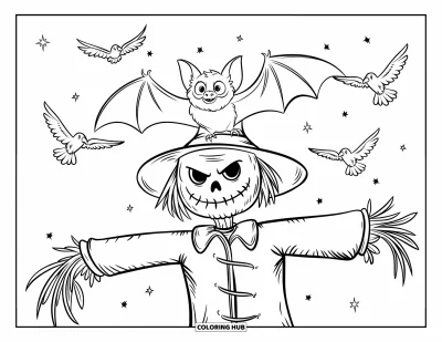 Coloriage de chauves-souris pour enfants : Une chauve-souris se perche sur le bras d’un épouvantail pendant que des corbeaux tournent dans le ciel étoilé