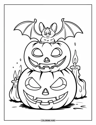 Coloriage de chauves-souris pour enfants : Une chauve-souris se détend sur une pile de citrouilles éclairées par des bougies vacillantes