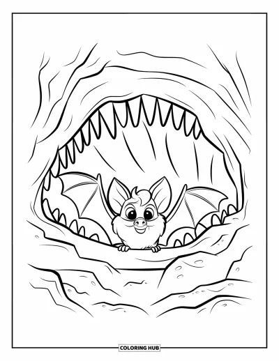 Coloriage de chauves-souris pour enfants : Une chauve-souris se repose à l’entrée d’une grotte rocheuse aux arêtes vives et aux ombres sombres