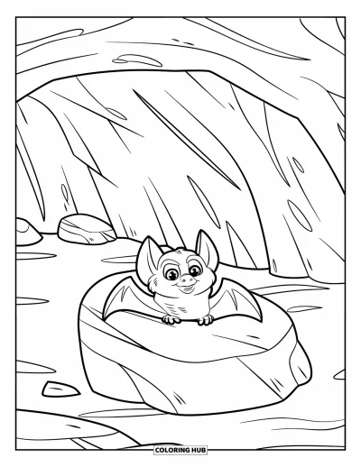 Coloriage de chauves-souris pour enfants : Une chauve-souris se repose sur un gros rocher dans une grotte silencieuse au décor simple