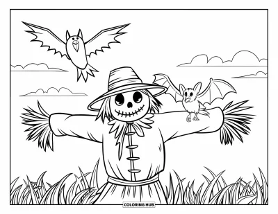 Coloriage de chauves-souris pour enfants : Une chauve-souris est posée sur un épouvantail pendant que des corbeaux volent dans une nuit nuageuse