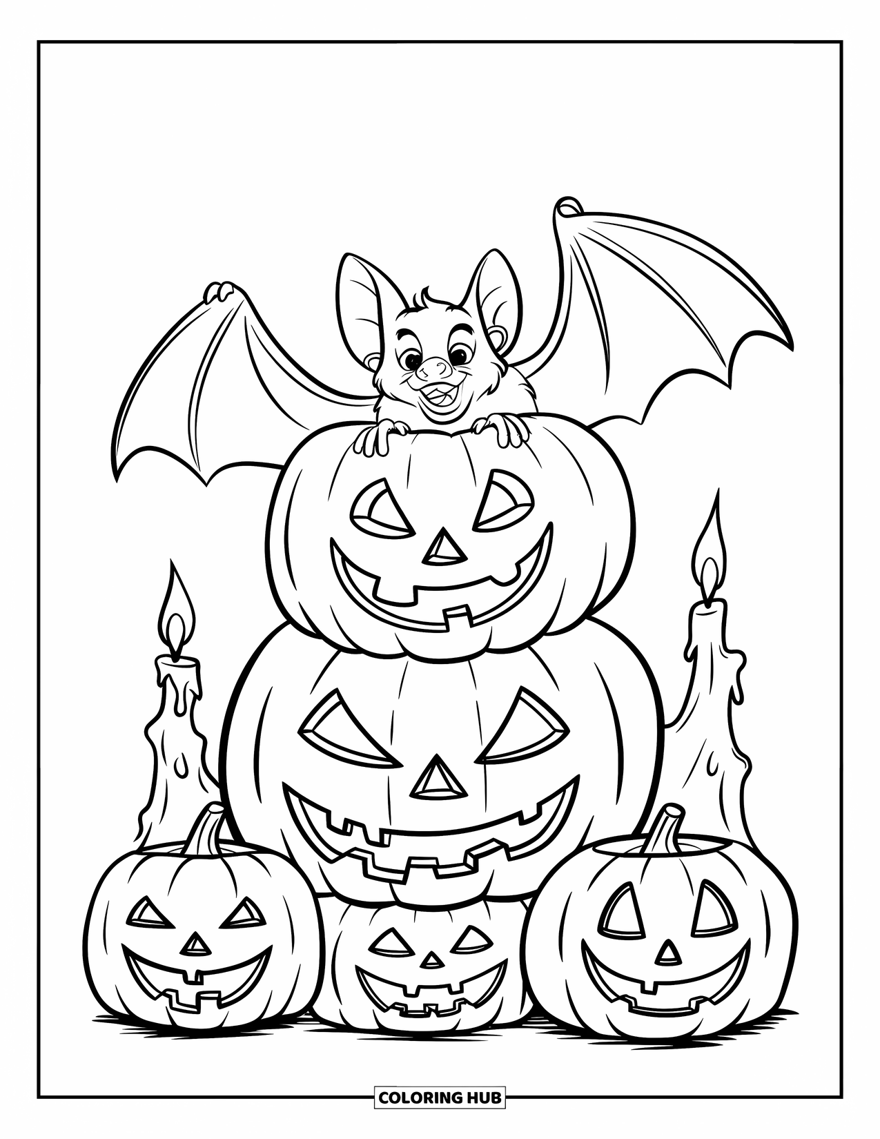 Desen de colorat cu un liliac pentru copii: Un liliac stă liniștit pe felinare jack-o'-lantern care strălucesc cu lumina lumânărilor în întuneric