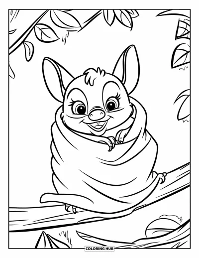 Coloriage de chauves-souris pour enfants : Une chauve-souris est assise, enveloppée dans ses ailes, sur une branche avec quelques feuilles simples