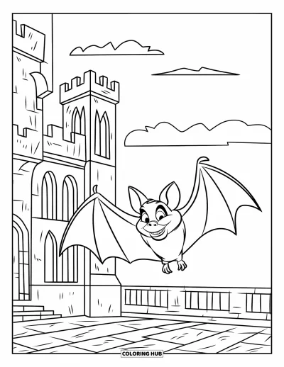 Coloriage de chauves-souris pour enfants : Une chauve-souris s’envole au-dessus d’un château gothique avec des arches, des tours et un ciel nuageux