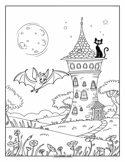 Coloriage de chauves-souris pour enfants : Une chauve-souris s’envole près d’une tour lumineuse sous un ciel au clair de lune et un sol fleuri