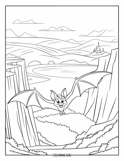 Coloriage de chauves-souris pour enfants : Une chauve-souris s’élève près de falaises au-dessus de collines, d’un lac et d’un château lointain