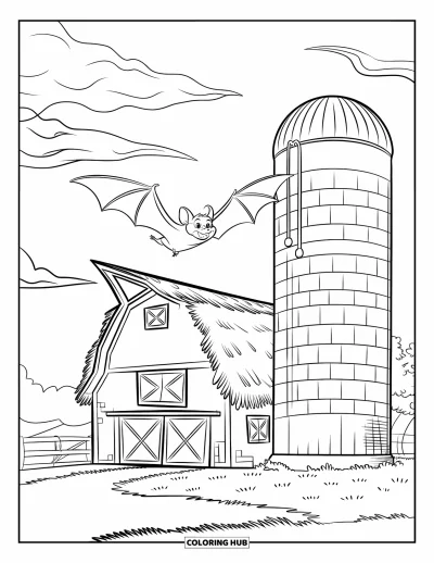 Coloriage de chauves-souris pour enfants : Une chauve-souris s’élève près d’une grange au toit de chaume et d’un silo en briques au crépuscule