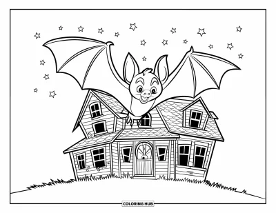 Coloriage de chauves-souris pour enfants : Une chauve-souris s’envole vers une maison hantée aux fenêtres cassées et aux alentours herbeux