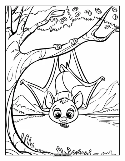 Coloriage de chauves-souris pour enfants : Une chauve-souris aux grands yeux et avec un collier est suspendue à un arbre solide près d’un lac