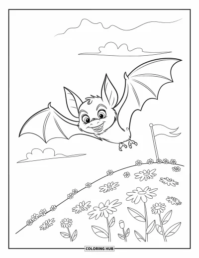 Coloriage de chauves-souris pour enfants : Une chauve-souris aux grands yeux et tenant un drapeau vole bas au-dessus d’une colline fleurie et du ciel