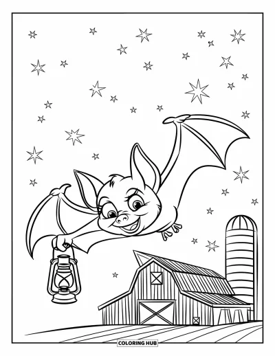 Coloriage de chauves-souris pour enfants : Une chauve-souris aux grands yeux porte une lanterne en passant devant une grange et un silo sous les étoiles