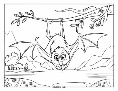 Coloriage de chauves-souris pour enfants : Une chauve-souris aux grands yeux bat des ailes tout en étant suspendue à une branche au-dessus d’un paysage paisible