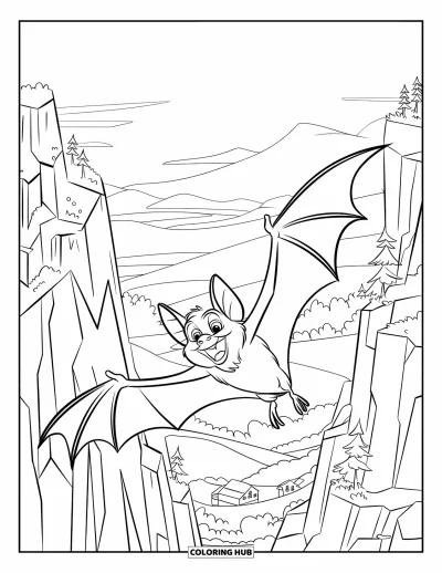 Coloriage de chauves-souris pour enfants : Une chauve-souris à la bouche ouverte plane au-dessus de falaises et de verdure avec des bâtiments en contrebas
