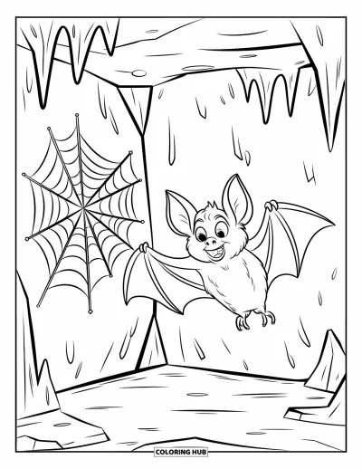 Coloriage de chauves-souris pour enfants : Une chauve-souris aux ailes ouvertes est suspendue près d’une toile d’araignée dans une grotte rocheuse