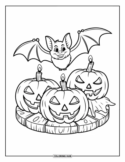 Coloriage de chauves-souris pour enfants : Une chauve-souris aux ailes déployées est entourée de citrouilles-lanternes sur une base en bois