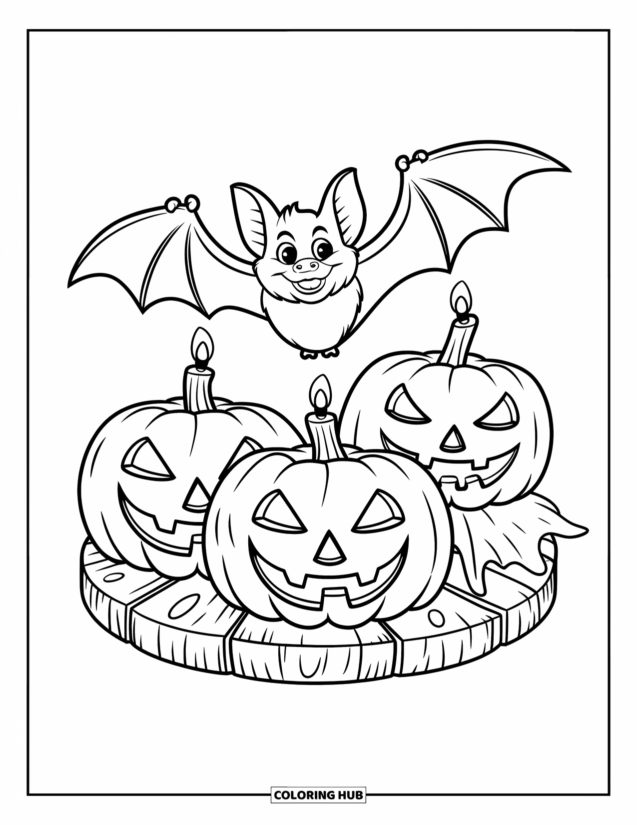 Desen de colorat cu un liliac pentru copii: Un liliac cu aripi largi este înconjurat de felinare jack-o'-lantern pe o bază de lemn