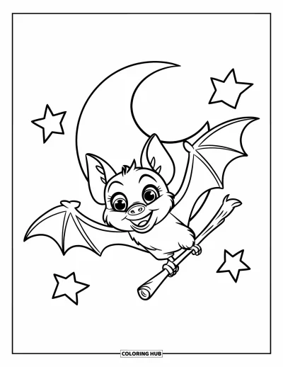 Coloriage de chauves-souris pour enfants : Une chauve-souris joyeuse tenant un bâton traverse un ciel simple avec des étoiles et la lune
