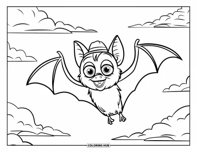 Coloriage de chauves-souris pour enfants : Une chauve-souris joyeuse avec un chapeau bat des ailes dans un ciel rempli de nuages doux