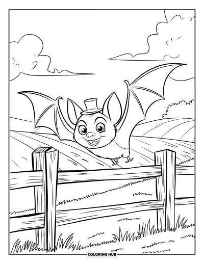 Coloriage de chauves-souris pour enfants : Une chauve-souris joyeuse avec un haut-de-forme plane au-dessus d’une clôture de campagne et de collines