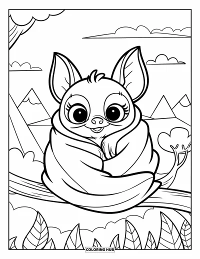Coloriage de chauves-souris pour enfants : Une chauve-souris paisible se repose sur une branche devant des montagnes, des arbres et de doux nuages
