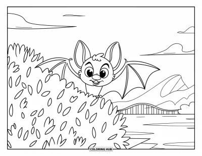 Coloriage de chauves-souris pour enfants : Une chauve-souris curieuse sort d’un buisson feuillu près d’un pont, d’un lac et de collines lointaines