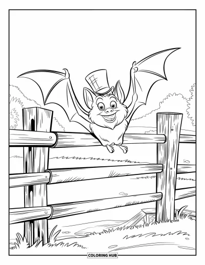 Coloriage de chauves-souris pour enfants : Une chauve-souris souriante avec un haut-de-forme plane au-dessus d’une clôture rustique et d’un bâtiment lointain