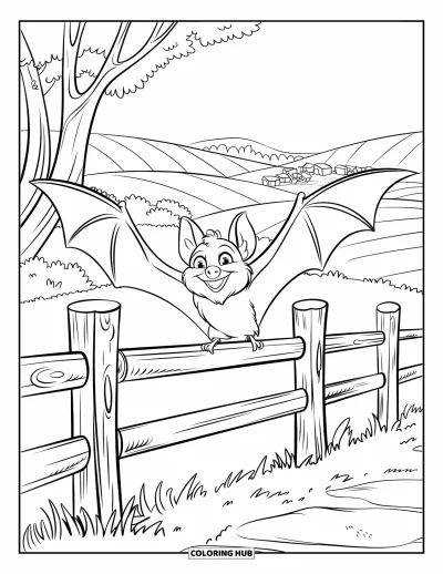 Coloriage de chauves-souris pour enfants : Une chauve-souris heureuse plane au-dessus d’une clôture en bois avec des arbres et un village lointain