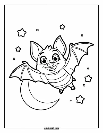 Coloriage de chauves-souris pour enfants : Une chauve-souris joueuse en t-shirt rayé vole devant la lune et les étoiles la nuit