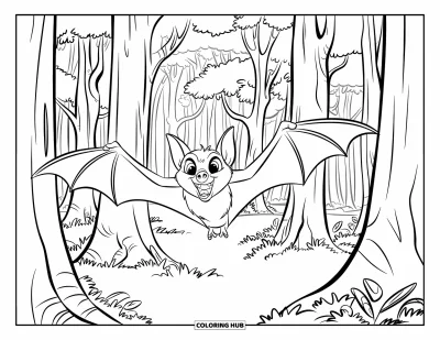 Coloriage de chauves-souris pour enfants : Une chauve-souris aux dents pointues vole dans une forêt dense au sol couvert de feuilles