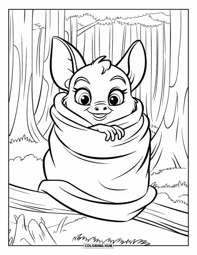Coloriage de chauves-souris pour enfants : Une petite chauve-souris s’enroule dans ses ailes en étant assise sur une branche dans les bois