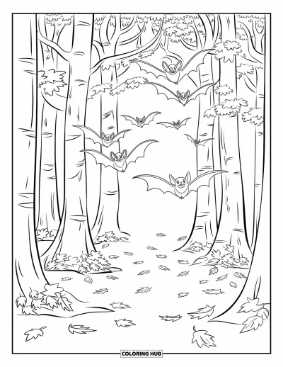 Coloriage de chauves-souris pour enfants : Des chauves-souris volent dans une clairière remplie de feuilles d’automne et de grands arbres