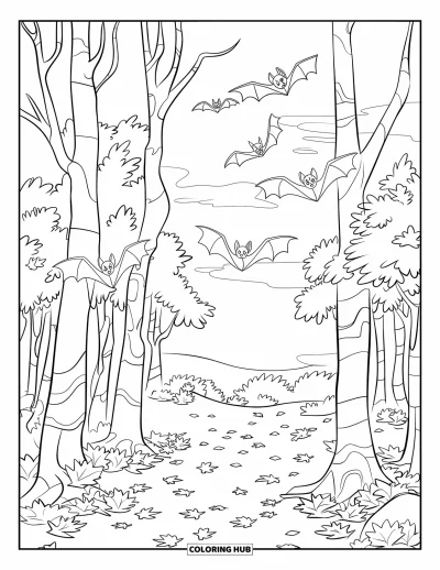 Coloriage de chauves-souris pour enfants : Des chauves-souris planent entre de grands arbres d’automne dans une forêt paisible aux feuilles qui tombent
