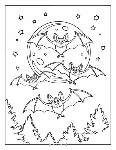 Coloriage de chauves-souris pour enfants : Trois chauves-souris volent devant une grande pleine lune avec des arbres en dessous