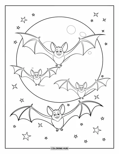 Coloriage de chauves-souris pour enfants : Trois chauves-souris planent dans un ciel nocturne étoilé devant une lune lumineuse