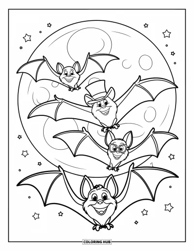 Coloriage de chauves-souris pour enfants : Trois chauves-souris, dont une avec un chapeau et une avec des lunettes, volent devant une pleine lune