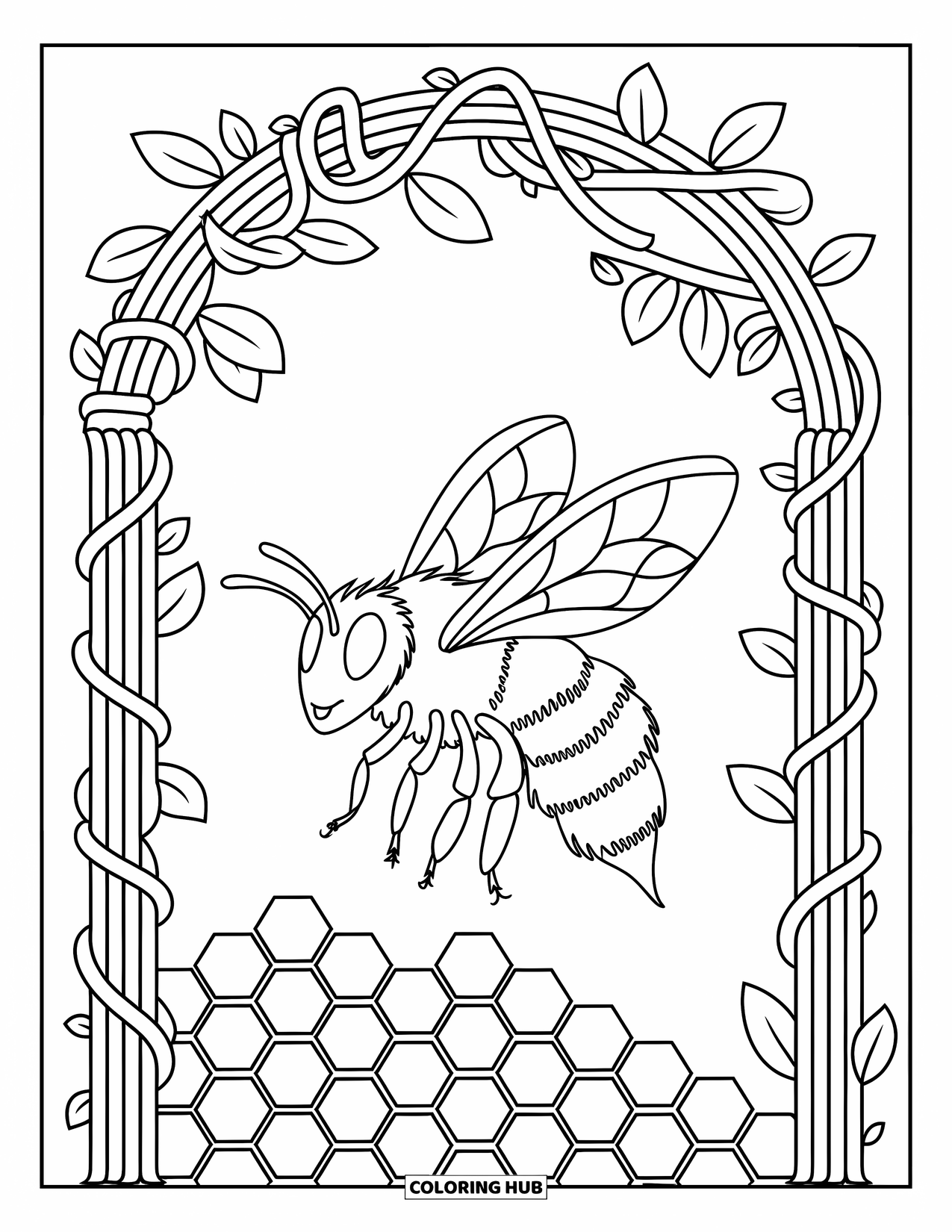 Bee Coloring Page for Adults: A bee collects honey under a leafy arch made of vines and patterned honeycomb