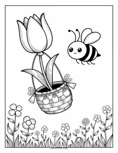 Fargeleggingsark med bie for voksne: En bie svever over viltblomster i en tulipanformet ballong med nektarposer og bånd
