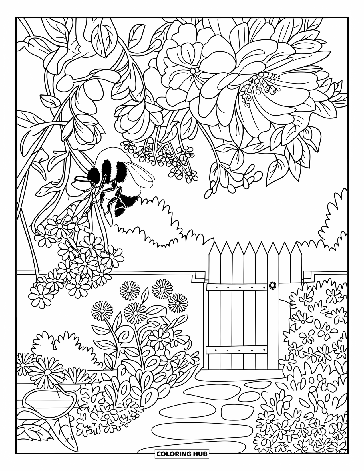 Bee Coloring Page for Adults: A bee hovers above flowers in a garden with a stone path and wooden gate