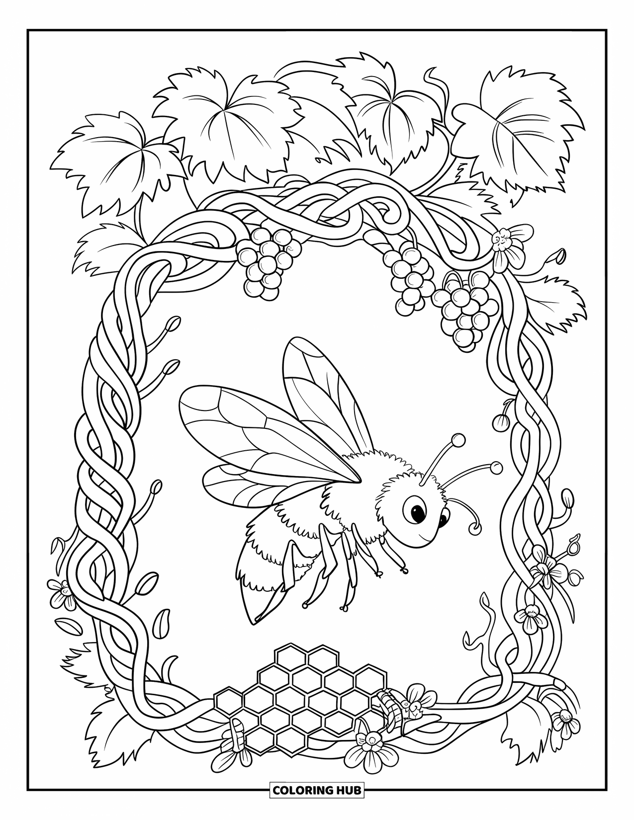 Bee Coloring Page for Adults: A bee in a tiny hat collects honey under a vine arch with grapes and flowers