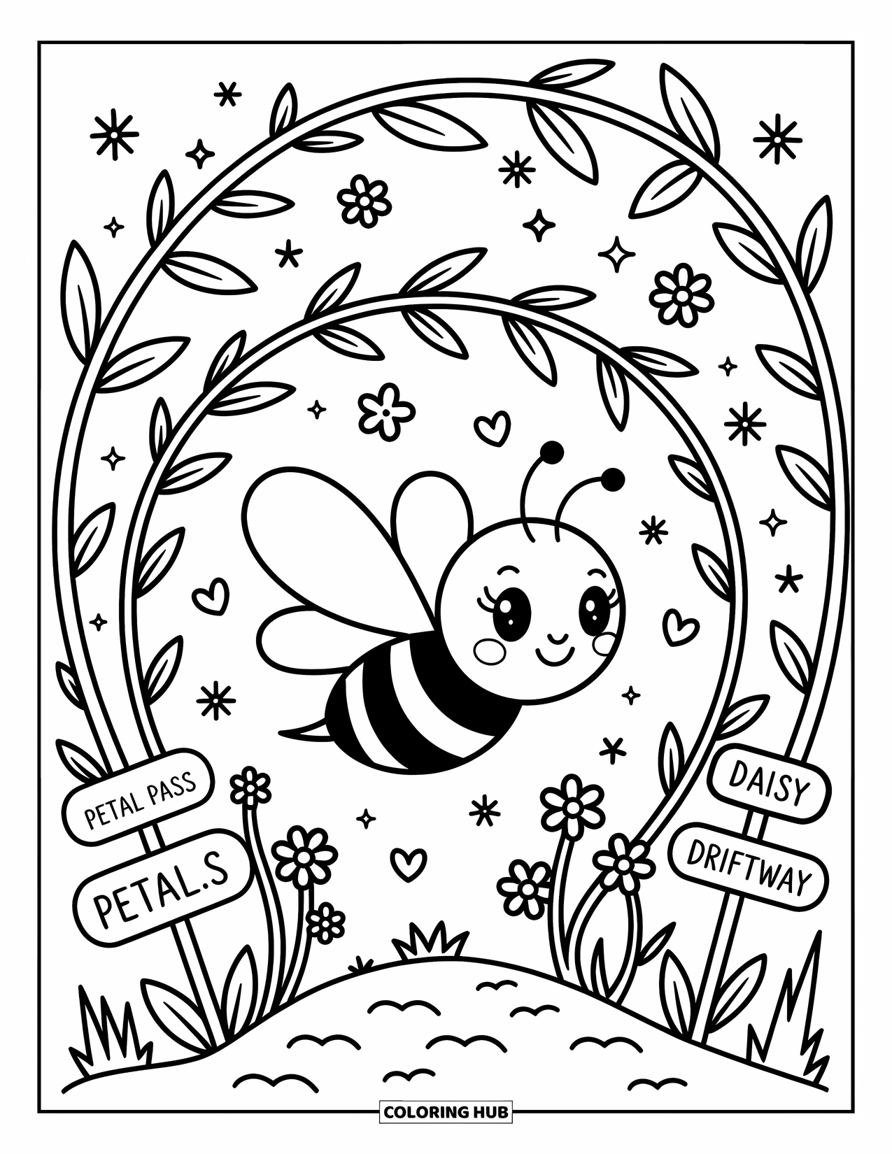 Bee Coloring Page for Adults: A cheerful bee explores flower stem tunnels marked by signs like ìDaisy Driftwayî and floating petals