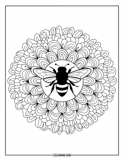 Fargeleggingsark med bie for voksne: En detaljert bie svever i sentrum av en blomstermandala med lagdelte kronbladringer