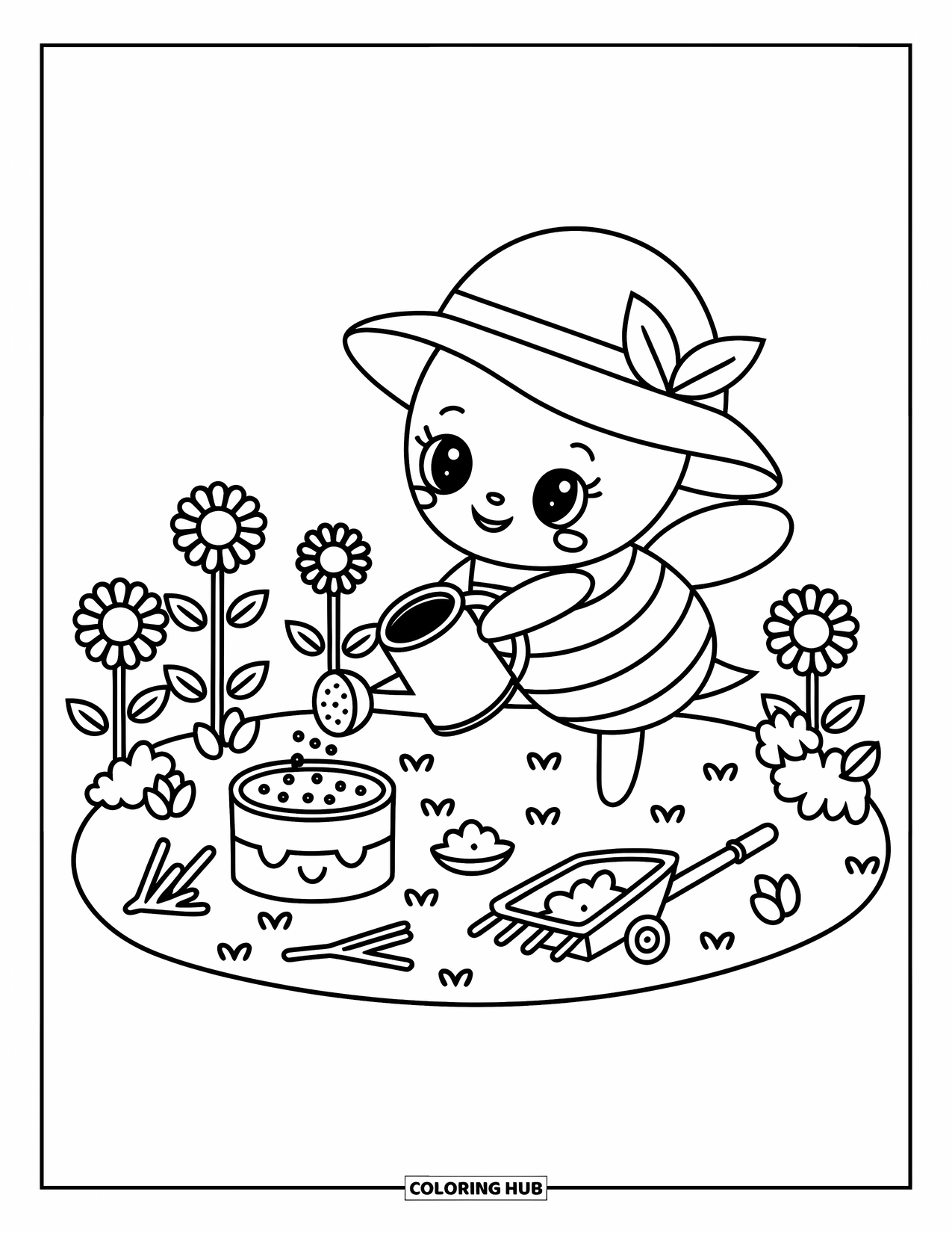Bee Coloring Page for Adults: A little bee in a gardening hat waters sunflowers with cute handmade garden tools
