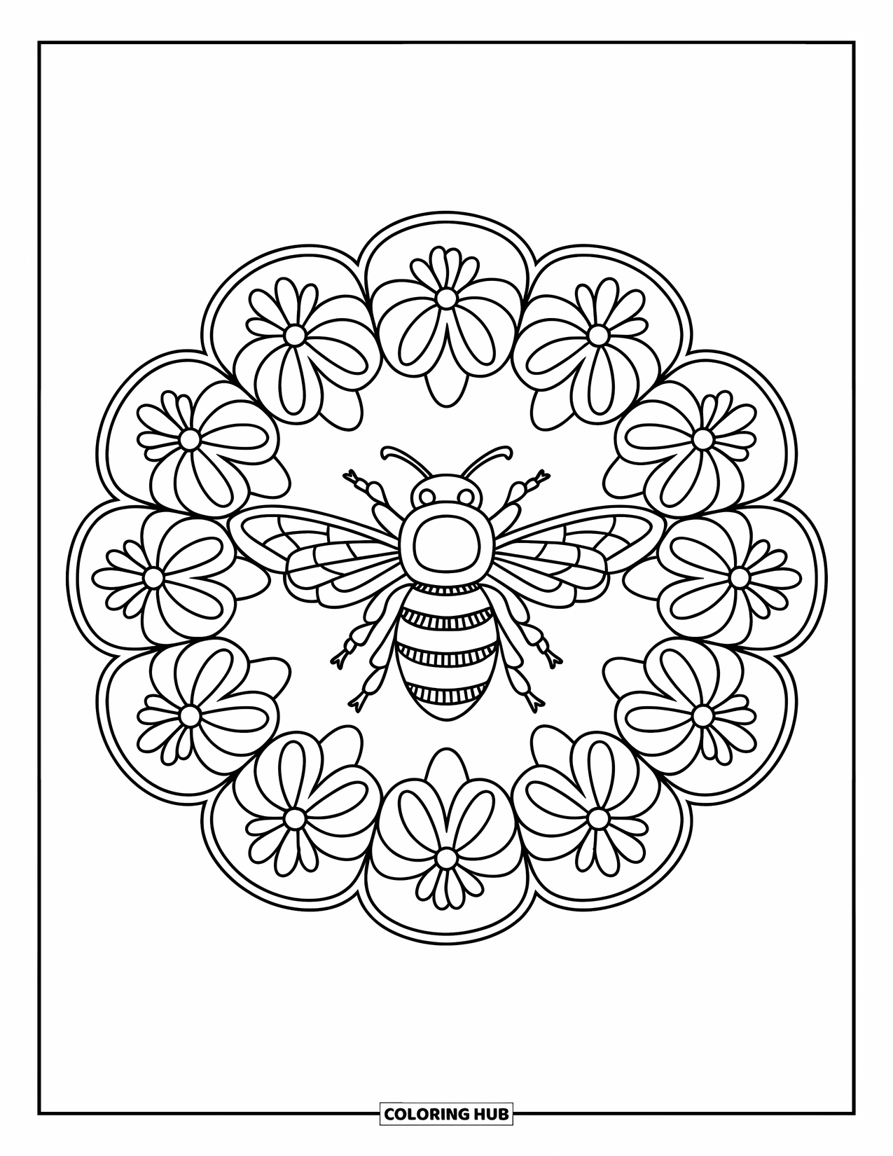 Bee Coloring Page for Adults: A mandala-style bee rests in the center of floral circles with detailed patterns