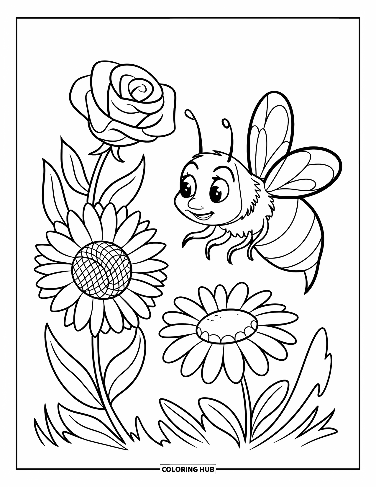Bee Coloring Page for Kids: A bee flies between a rose, sunflower, and daisy in bloom