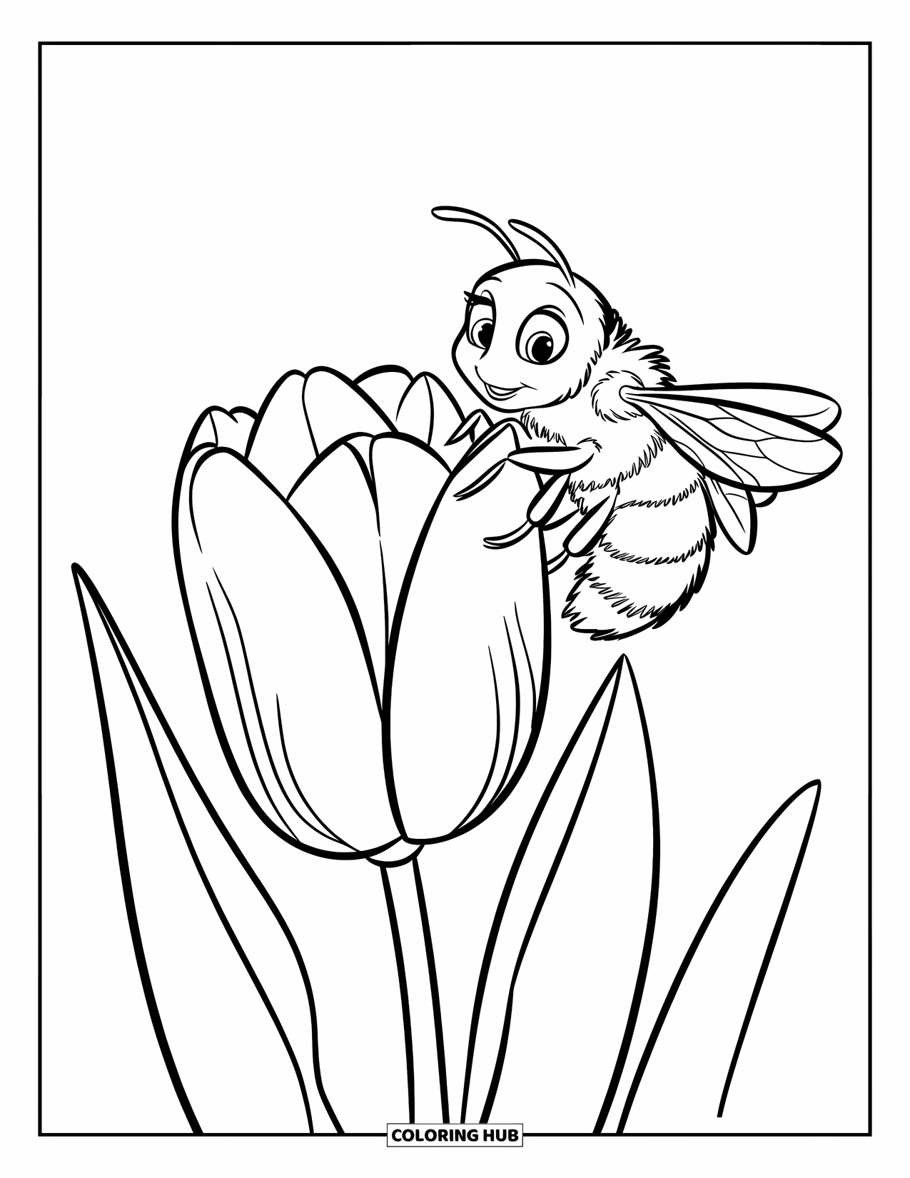 Bee Coloring Page for Kids: A bee sits on a giant tulip looking cozy and curious
