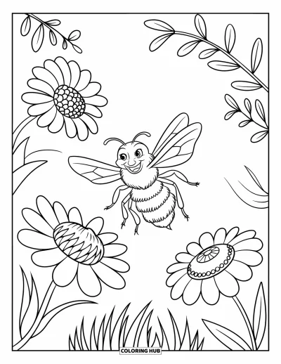 Fargeleggingsark med bie for barn: En flygende bie flakser mellom tre blomster og en bladrik gren
