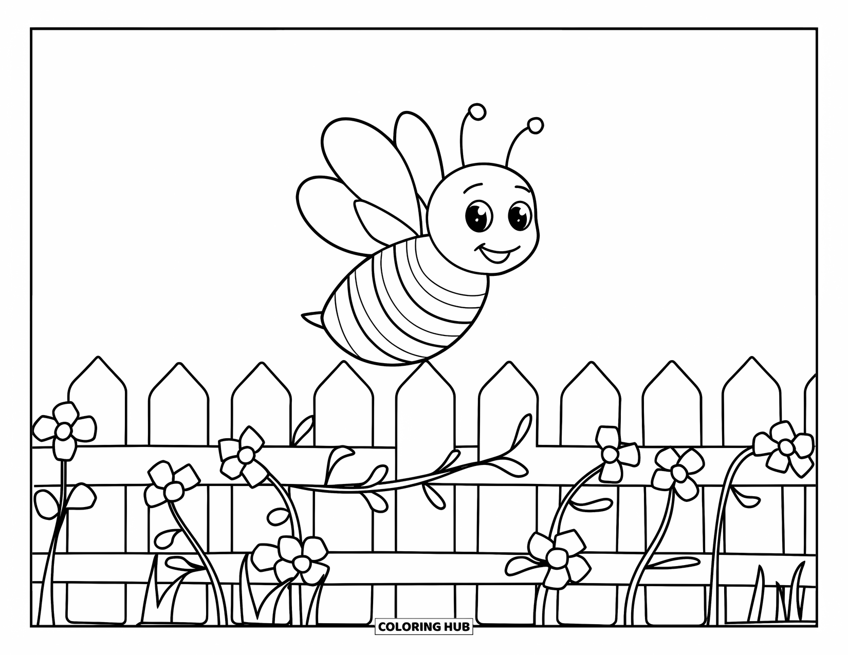 Bee Coloring Page for Kids: A happy bee drifts above a simple fence with scattered petals