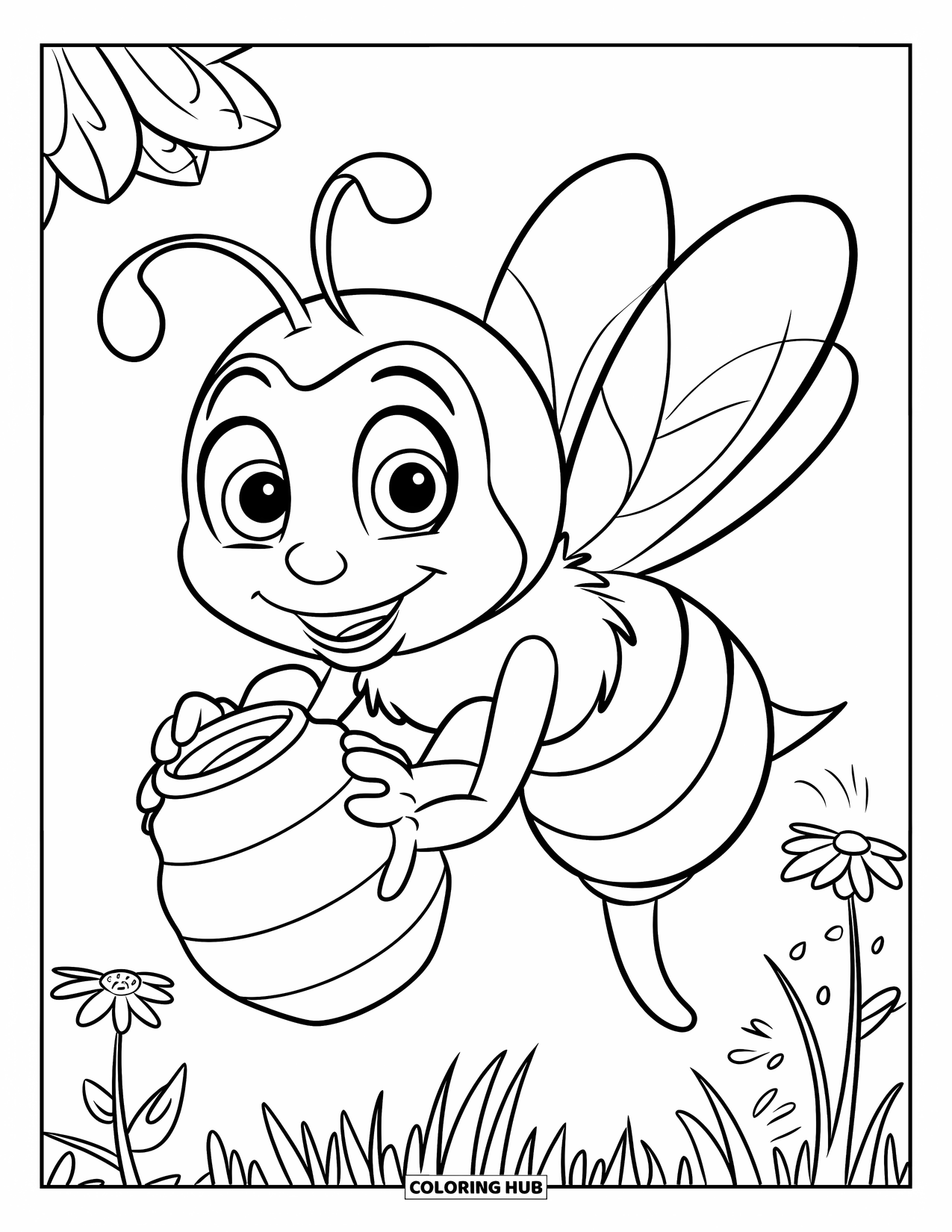 Bee Coloring Page for Kids: A happy bee with big eyes carries a tiny honey pot