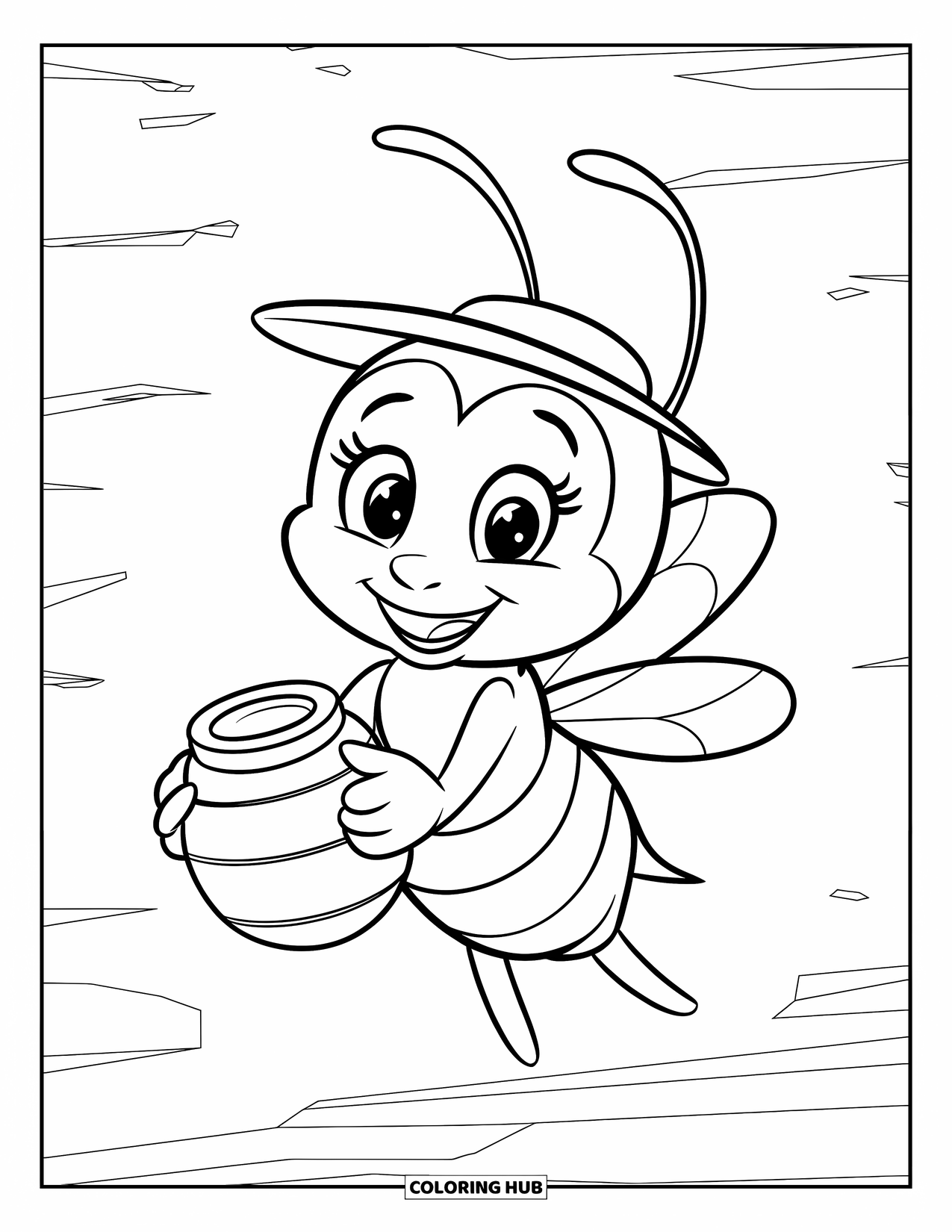 Bee Coloring Page for Kids: A joyful bee with a hat carries honey near a hive