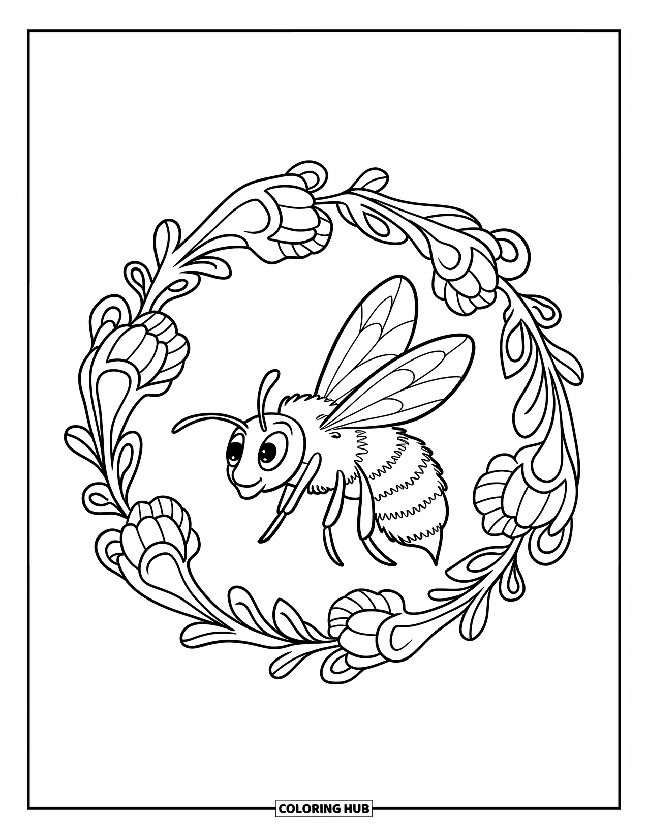 Bee Coloring Page for Kids: Bee flies through a ring of swirling, ornate floral patterns